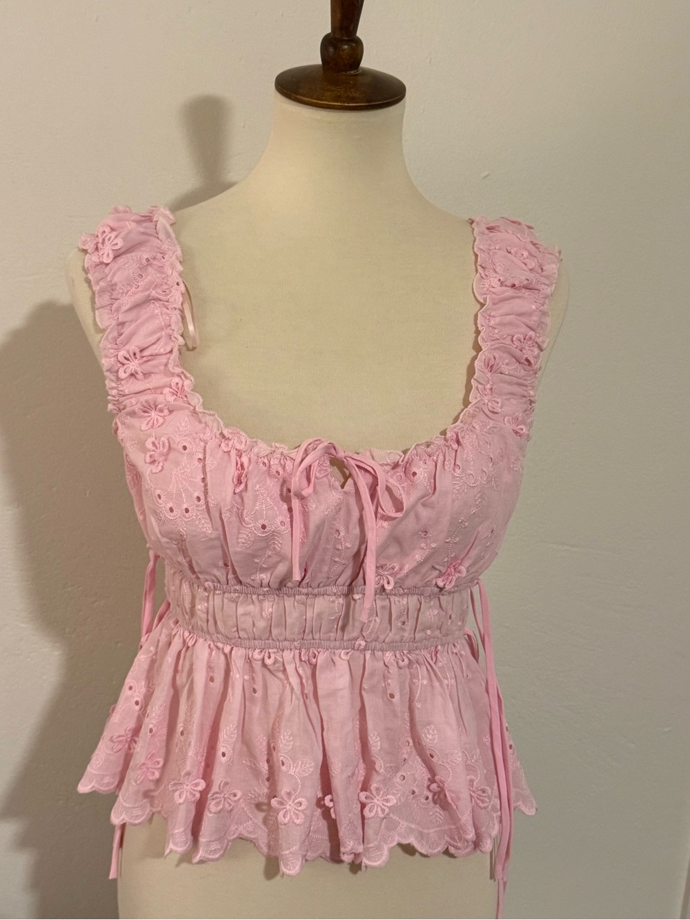 All in Favor Pink Eyelet Ruffle Camisole with Tie-Front